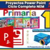 Colorida imagen promocional para "Proyectos Power Point Ciclo Completo NEM Primaria 1". Muestra portadas de libros, logotipo de PowerPoint, un proyector y texto que menciona "Nueva Escuela Mexicana" y "70 Presentaciones Lúdicas".