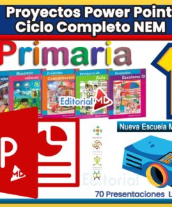 Colorida imagen promocional para "Proyectos Power Point Ciclo Completo NEM Primaria 1". Muestra portadas de libros, logotipo de PowerPoint, un proyector y texto que menciona "Nueva Escuela Mexicana" y "70 Presentaciones Lúdicas".