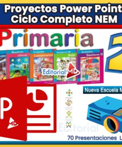 Colorida imagen promocional para "Proyectos Power Point Ciclo Completo NEM" para 2do grado de primaria, mostrando portadas de libros, íconos de PowerPoint y proyectores, y texto publicitario de 70 presentaciones lúdicas de Editorial MD.