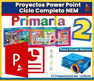 Colorida imagen promocional para "Proyectos Power Point Ciclo Completo NEM" para 2do grado de primaria, mostrando portadas de libros, íconos de PowerPoint y proyectores, y texto publicitario de 70 presentaciones lúdicas de Editorial MD.