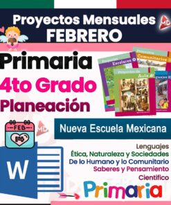 Folleto colorido para un proyecto de planificación de cuarto grado en febrero, con imágenes de portadas de libros educativos. Incluye texto: 