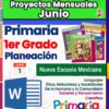 Cartel educativo colorido para primer grado de escuela primaria, que destaca los proyectos mensuales de junio y la planificación para la Nueva Escuela Mexicana, incluyendo temas como ética, naturaleza, sociedad y pensamiento científico.