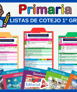 Gráfico educativo en color para la escuela primaria, que muestra tres hojas de evaluación de listas de control para primer curso, etiquetadas por temas, encima de varias portadas de libros de texto y un icono de un alumno con un lápiz en la mano. El texto dice: "Listas de Cotejo 1° Grado".