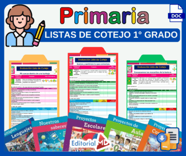Gráfico educativo en color para la escuela primaria, que muestra tres hojas de evaluación de listas de control para primer curso, etiquetadas por temas, encima de varias portadas de libros de texto y un icono de un alumno con un lápiz en la mano. El texto dice: "Listas de Cotejo 1° Grado".