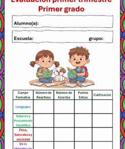 Colorido formulario de evaluación para primer grado con espacios para los nombres del alumno y de la escuela. En el centro, dos niños sentados en el suelo con un perro, un libro y un globo terráqueo. Debajo hay una tabla para anotar las calificaciones en varias asignaturas.