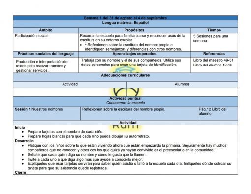 A Planeaciones Primaria Primer Grado 2021-2022 (Incluye los 3 Trimestres) describe un cronograma de actividades semanales para el año escolar titulado "Actividades semanales" con secciones de Participación, Actividad, Objetivo y Tiempo estimado, todos relacionados con entrevistas familiares, materiales didácticos, y presentaciones escolares en español.