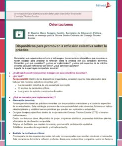 Un documento educativo en español con texto y secciones resaltadas en blanco, rosa y verde, que ofrece orientación sobre herramientas para la reflexión colectiva en la práctica docente, presenta instrucciones y preguntas para los educadores.