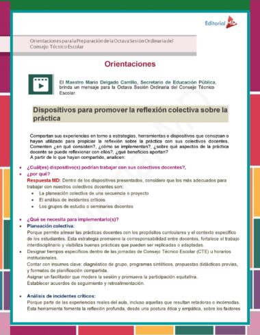 Un documento educativo en español con texto y secciones resaltadas en blanco, rosa y verde, que ofrece orientación sobre herramientas para la reflexión colectiva en la práctica docente, presenta instrucciones y preguntas para los educadores.