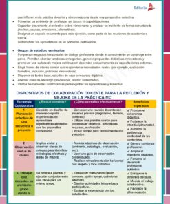 Un documento educativo en español con cuadros de texto, viñetas y encabezados de colores que aborda estrategias de enseñanza colaborativa, herramientas de reflexión y métodos de desarrollo profesional. El diseño utiliza detalles en rojo, amarillo, azul y verde.