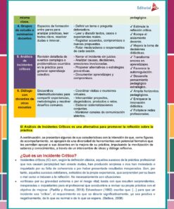 Un cuadro colorido en español describe seis estrategias de enseñanza colaborativa, como la discusión en grupo, el análisis de incidentes críticos y el diálogo con profesores de otras escuelas, con columnas para descripción, acciones y efectos pedagógicos.