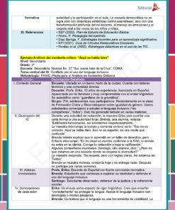 Una tabla en español muestra el análisis de un incidente escolar. Incluye secciones para referencias, con textos educativos citados, y campos para nivel, grado, asignatura, fecha, lugar, personas involucradas y descripción del incidente.