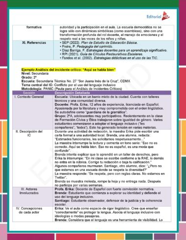 Una tabla en español muestra el análisis de un incidente escolar. Incluye secciones para referencias, con textos educativos citados, y campos para nivel, grado, asignatura, fecha, lugar, personas involucradas y descripción del incidente.