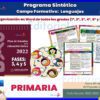 Un cartel educativo titulado "Programa Sintético de Estudios Campo Formativo LENGUAJES (Todos los Grados de Primaria)". Presenta documentos y recursos para varios grados (1.º a 6.º) de Primaria, incluida una portada del plan de estudio y varias páginas. También hay coloridas ilustraciones de niños.