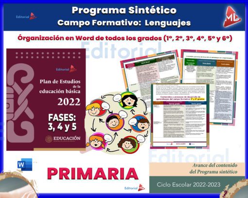 Un cartel educativo titulado "Programa Sintético de Estudios Campo Formativo LENGUAJES (Todos los Grados de Primaria)". Presenta documentos y recursos para varios grados (1.º a 6.º) de Primaria, incluida una portada del plan de estudio y varias páginas. También hay coloridas ilustraciones de niños.