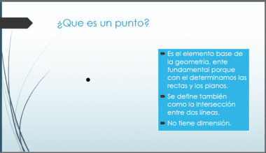 Diapositiva con el título "¿Qué es un punto?" y un punto negro en el centro izquierda. A la derecha, un recuadro azul enumera tres puntos sobre qué es un punto en geometría, en español, con viñetas.