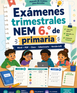 Cuatro alegres estudiantes se sientan en una mesa con cuadernos y lápices, estudiando juntos. El texto promociona "Exámenes trimestrales NEM 6° de primaria", con iconos para las asignaturas y enumera funciones como Word, PDF, clave, hoja de respuestas y versiones A/B.