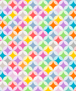 Un colorido patrón geométrico que presenta círculos superpuestos y formas de diamantes. El diseño incluye una vibrante variedad de colores como rosa, azul, amarillo, verde, naranja y morado, creando una apariencia vivaz y dinámica similar a un mosaico, perfecta para proyectos de Papel Digital Para Imprimir.