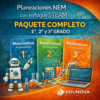 Tres coloridos libros de texto para matemáticas de 1º, 2º y 3º de secundaria con artículos de ciencia y tecnología, un robot y herramientas de laboratorio de química. El texto promociona un paquete de planes de lecciones NEM centrado en STEAM de Edunova Digital.