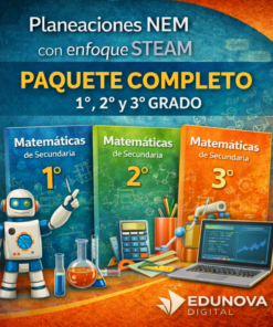 Tres coloridos libros de texto para matemáticas de 1º, 2º y 3º de secundaria con artículos de ciencia y tecnología, un robot y herramientas de laboratorio de química. El texto promociona un paquete de planes de lecciones NEM centrado en STEAM de Edunova Digital.