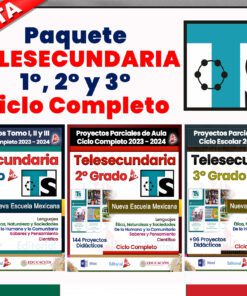 Imagen promocional del paquete "Planeaciones de Telesecundaria 1°, 2° y 3° Grado PLAN 2022 Ciclo Escolar Completo NEM (Paquete)" que cubre 1°, 2° y 3° grados para el Ciclo Escolar Completo 2023-2024. Incluye libros de texto, apoyo didáctico y Planeaciones de Telesecundaria PLAN 2022 para todos los grados, mostrándose la cobertura de cada grado. La esquina superior izquierda tiene una "OFERTA" roja.