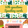 Póster educativo colorido con "Tarjetas para hablar - Preguntas Wh" con imágenes de verduras en la parte superior y alimentos como una hamburguesa y pizza en la parte inferior, junto con preguntas de ejemplo sobre platos favoritos.