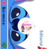 Se muestra una máscara azul y morada inspirada en Stitch de Lilo & Stitch. A la izquierda, el texto reza "Nos vamos a:" con iconos de hojas y corazones. "Editorial MD" está a la derecha, con un logotipo rosa y una pegatina de Recursos Educativos en el centro.