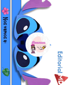 Se muestra una máscara azul y morada inspirada en Stitch de Lilo & Stitch. A la izquierda, el texto reza "Nos vamos a:" con iconos de hojas y corazones. "Editorial MD" está a la derecha, con un logotipo rosa y una pegatina de Recursos Educativos en el centro.