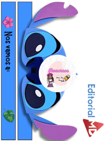 Se muestra una máscara azul y morada inspirada en Stitch de Lilo & Stitch. A la izquierda, el texto reza "Nos vamos a:" con iconos de hojas y corazones. "Editorial MD" está a la derecha, con un logotipo rosa y una pegatina de Recursos Educativos en el centro.