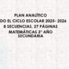 Texto centrado sobre fondo claro estampado: "PLAN ANALÍTICO TODO EL CICLO ESCOLAR 2025-2026 8 SECUENCIAS, 27 PÁGINAS MATEMÁTICAS 3° AÑO SECUNDARIA". Rectángulo rojo en la esquina superior derecha.