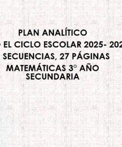 Texto centrado sobre fondo claro estampado: "PLAN ANALÍTICO TODO EL CICLO ESCOLAR 2025-2026 8 SECUENCIAS, 27 PÁGINAS MATEMÁTICAS 3° AÑO SECUNDARIA". Rectángulo rojo en la esquina superior derecha.