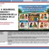 Plan de Mejora Continua (PMC) - Educación Media Superior DGB 2026 – 2027 (Bachillerato) 8 Cartel educativo en español sobre seguridad escolar y prevención de la violencia, en el que aparecen diversos niños y profesores en escenarios sociales positivos y negativos, con un texto que explica las estrategias de seguridad, los objetivos y los resultados esperados.