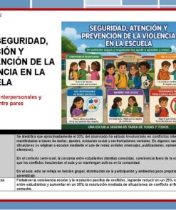 Cartel educativo en español sobre seguridad escolar y prevención de la violencia, en el que aparecen diversos niños y profesores en escenarios sociales positivos y negativos, con un texto que explica las estrategias de seguridad, los objetivos y los resultados esperados.