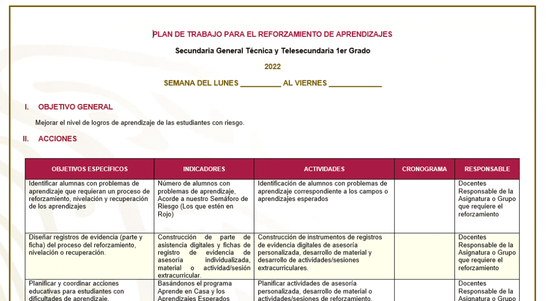 Plan de Reforzamiento para 1er Grado de Secundaria y Teles
