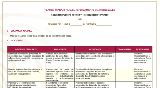 Plan de reforzamiento 1 grado secundaria