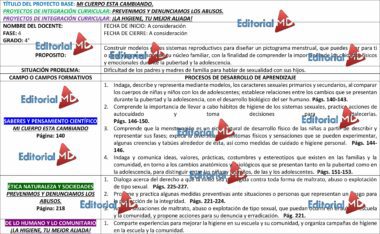 Plan de estudios en español con cuadros de texto que describen el título del proyecto, el nombre del maestro, el grado y los objetivos. Las secciones incluyen ciencia, naturaleza y vida comunitaria, y se centran en la conciencia corporal y la prevención del abuso. Las páginas y las notas están resaltadas.