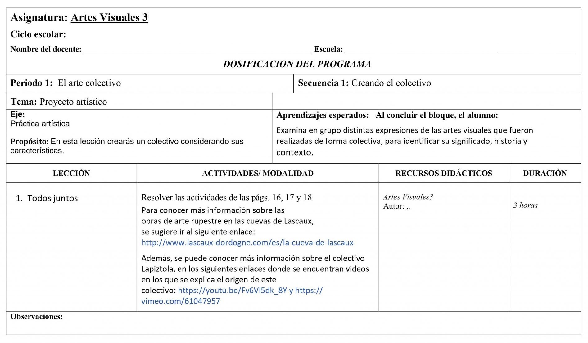 Planeación Artes Visuales 3° de Secundaria (1er Trimestre) 01