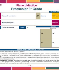 Planeación Cambios con el Tiempo para Preescolar: plantilla para 3° grado, incluye campos para escuela, docente, grupo, horario y modalidad. Calendario de dos semanas y secciones de análisis de contexto y objetivos educativos.