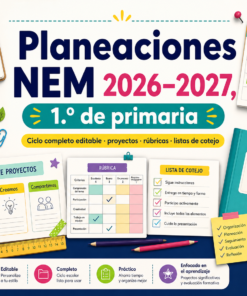 Colorido folleto educativo para la planificación de clases de 1º de primaria (2026-2027) con cuadernos, listas de control, gráficos e iconos. El texto en español promueve los recursos editables, las rúbricas, los proyectos y la organización del profesor.