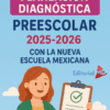 Ilustración de una mujer con un portapapeles y una marca de verificación verde. Texto: "Planeación Diagnóstica Preescolar NEM 2025-2026. Editorial MD". Fondo de cielo azul.