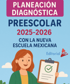 Ilustración de una mujer con un portapapeles y una marca de verificación verde. Texto: "Planeación Diagnóstica Preescolar NEM 2025-2026. Editorial MD". Fondo de cielo azul.