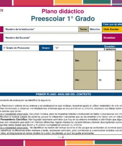 Una plantilla de plan de lección para preescolar de primer grado, que muestra información sobre la escuela, el profesor y la clase, una tabla para los meses y las semanas, y una sección para el análisis contextual centrado en el desarrollo del lenguaje y las necesidades de los alumnos.