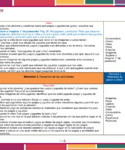 Una colorida tabla de planificación de lecciones para preescolar, dividida por fecha y secciones, que detalla actividades sobre juguetes, objetivos de aprendizaje, materiales necesarios y pruebas de comprensión. El diseño presenta un borde vibrante y multicolor.