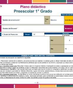 La plantilla Planeación Juguemos con las Palabras para Preescolar en español incluye campos para la escuela, el profesor, la fecha, el horario, el análisis contextual, una tabla de grados/grupos y una barra lateral 