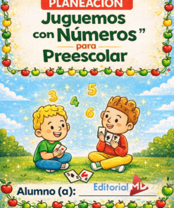 Dos niños sonrientes sentados sobre la hierba sostienen tarjetas numéricas con el 3, el 4 y el 5 flotando encima. La portada dice "Planeación Juguemos con Números para Preescolar", perfecto para planeación preescolar, bordeado de manzanas de colores.