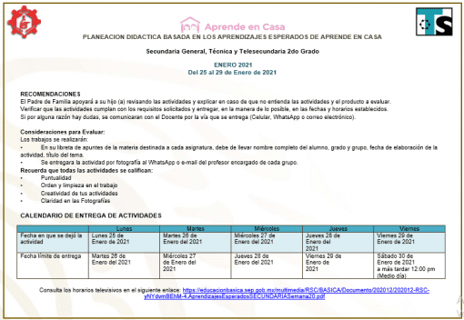 Planeación Secundarias Generales, Técnicas y Telesecundaria (2do Grado) Semana 20 (25 al 29 de Enero 2021) 01