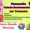 Vibrante cartel educativo para "Planeación Tutoría- Socioemocional 1° secundaria NEM (Nueva Escuela Mexicana) Primer Trimestre", que muestra íconos como un corazón y un cerebro. Incluye texto sobre planificación de tutorías, hojas de actividades y actividades de inicio de ciclo, junto con el logotipo y elementos de diseño de "Nueva Escuela Mexicana".