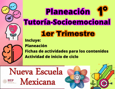 Vibrante cartel educativo para "Planeación Tutoría- Socioemocional 1° secundaria NEM (Nueva Escuela Mexicana) Primer Trimestre", que muestra íconos como un corazón y un cerebro. Incluye texto sobre planificación de tutorías, hojas de actividades y actividades de inicio de ciclo, junto con el logotipo y elementos de diseño de "Nueva Escuela Mexicana".