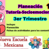 Colorido cartel educativo en español titulado “Planeación Tutoría-Socioemocional 3er Trimestre 1°”. Incluye íconos de cerebro, corazón, gráficos de cuidado personal y logotipos de Nueva Escuela Mexicana y SEP.