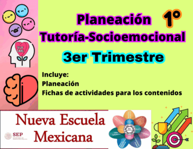 Colorido cartel educativo en español titulado “Planeación Tutoría-Socioemocional 3er Trimestre 1°”. Incluye íconos de cerebro, corazón, gráficos de cuidado personal y logotipos de Nueva Escuela Mexicana y SEP.