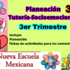 Colorido cartel educativo en español sobre "Planeación 3º Tutoría-Socioemocional 3er Trimestre," con iconos de un corazón-cerebro, autocuidado, y varios logos, incluyendo "Nueva Escuela Mexicana.